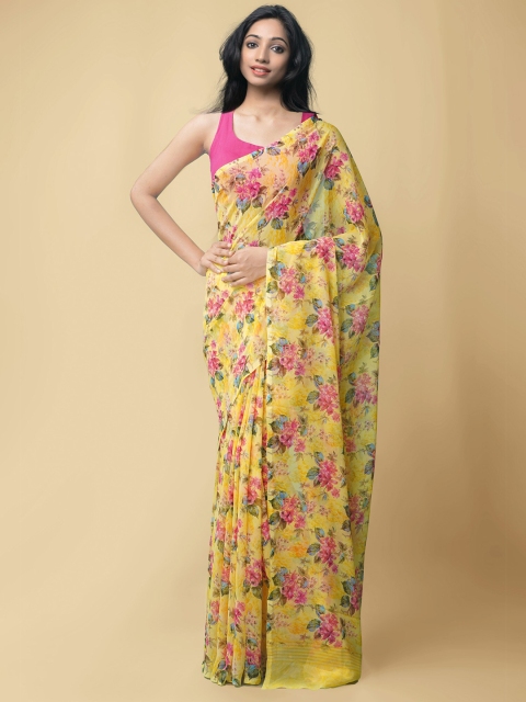

Unnati Silks Yellow & Pink Floral Block Print Saree