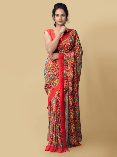 

Unnati Silks Women Red & Green Printed Georgette Saree