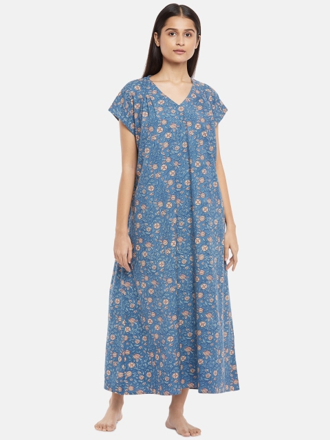 

RANGMANCH BY PANTALOONS Women Blue Floral Printed Pure Cotton Nightdress