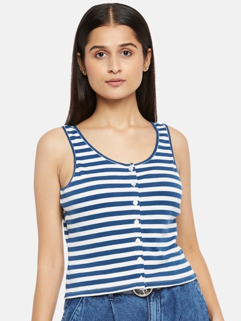 

People Blue & White Striped Cotton Regular Top