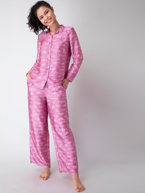 

FabAlley Women Pink & White Satin Night suit