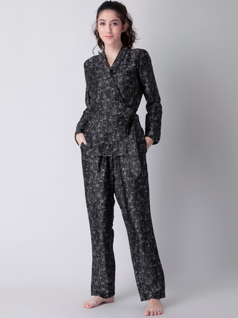 

FabAlley Women Black & White Printed Satin Night suit