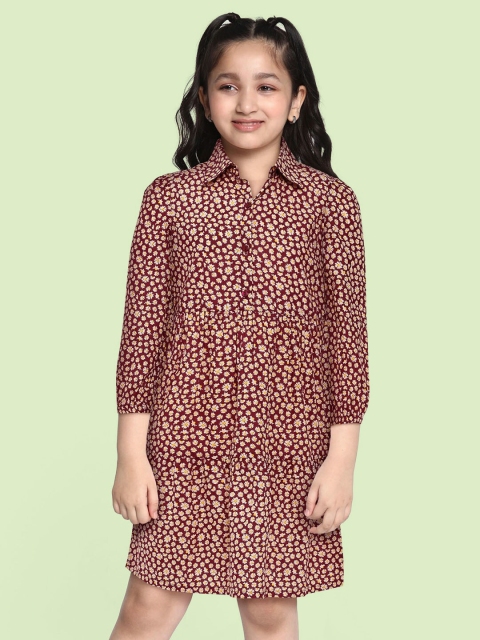 

HERE&NOW Girls Red & Beige Floral Pure Cotton Fit and Flare Dress