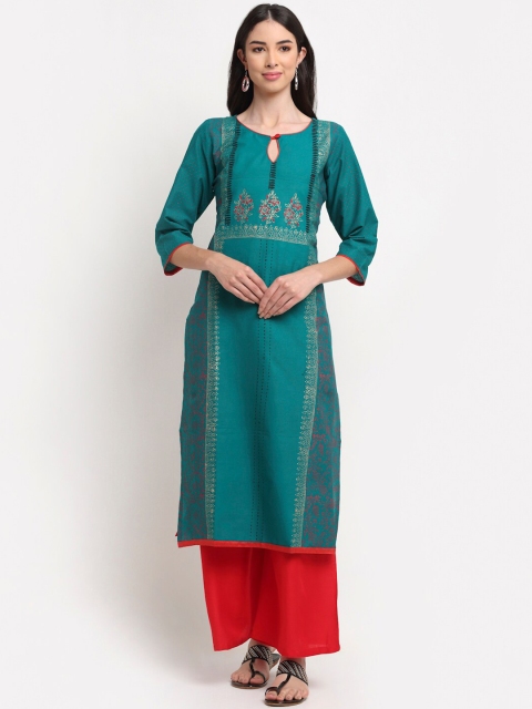 

ARITOS INDIA Women Green & Gold-Toned Printed Keyhole Neck Block Print Handloom Kurta
