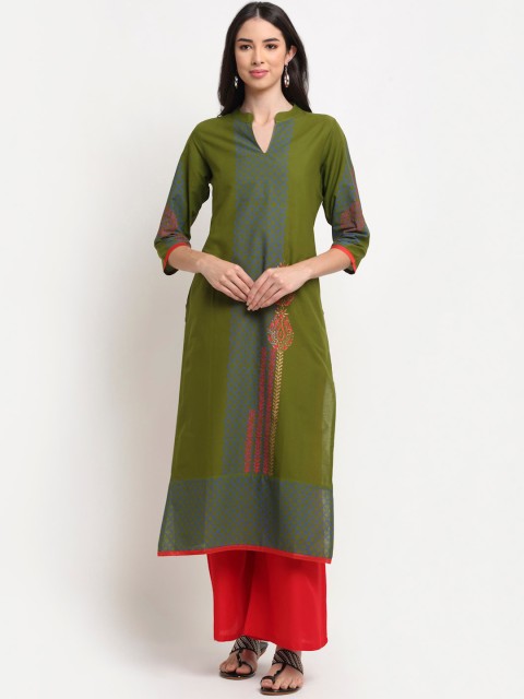 

ARITOS INDIA Women Green & Blue Ethnic Motifs Block Print A-Line Kurta