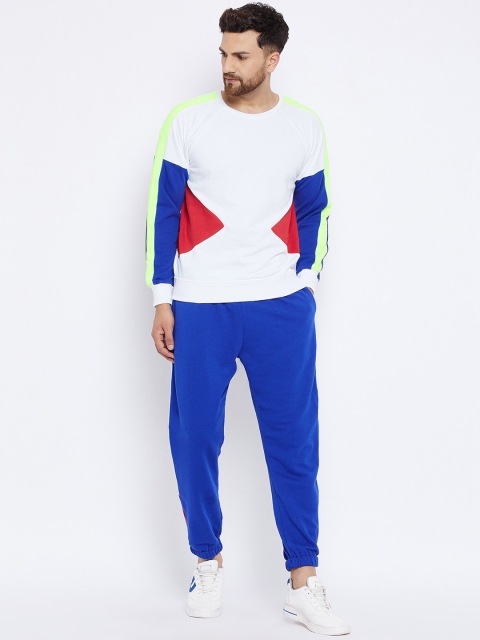 

FUGAZEE Men White & Blue Colourblocked Cut-Sew Oversized Tracksuit