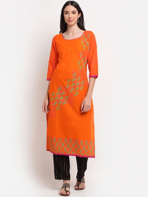 

ARITOS INDIA Women Orange Floral Block Print Handloom Kurta