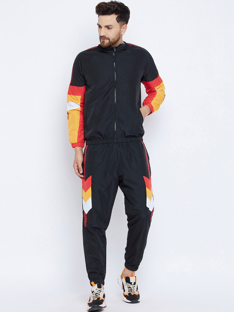 

FUGAZEE Men Black Colourblocked Cut and Sew Taped Wind Cheater Tracksuit