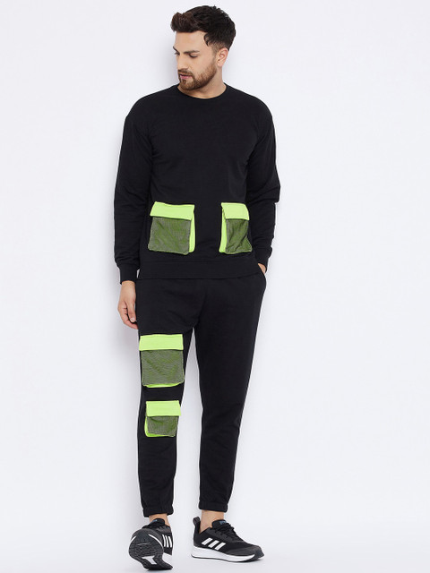 

FUGAZEE Men Black Oversized Contrast Neon Pocket Combo Tracksuit