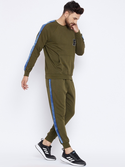 

FUGAZEE Men Olive Cotton Oversized Taped Combo Tracksuit