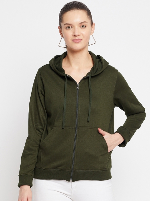 

FRENCH FLEXIOUS Women Olive Green Hooded Sweatshirt