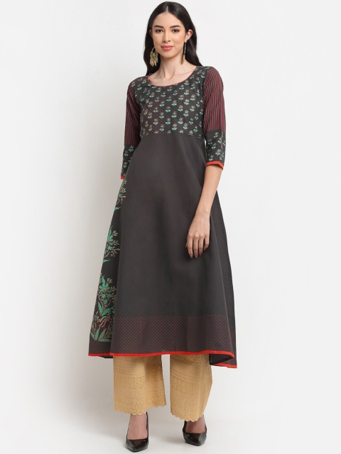 

ARITOS INDIA Women Grey & Blue Ethnic Motifs Printed Block Print Handloom Kurta