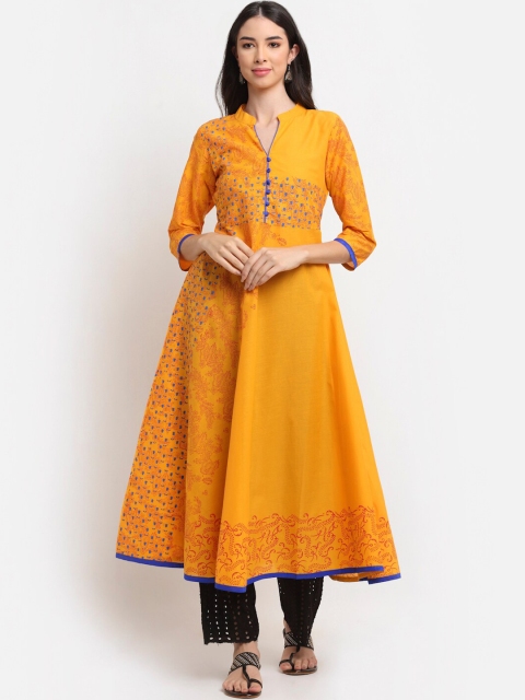 

ARITOS INDIA Women Yellow Printed Block Print Handloom Anarkali Kurta