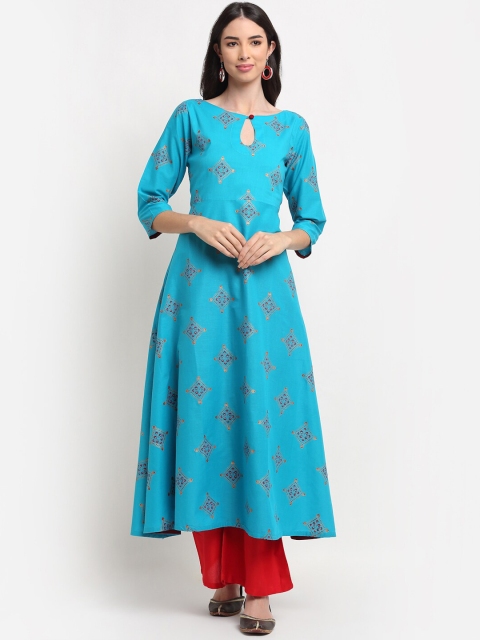 

ARITOS INDIA Women Blue & Red Geometric Printed Keyhole Neck Hand Block Print Kurta