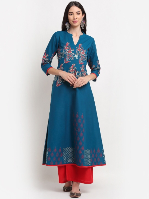 

ARITOS INDIA Women Teal Blue Floral Printed Block Print Handloom Anarkali Kurta