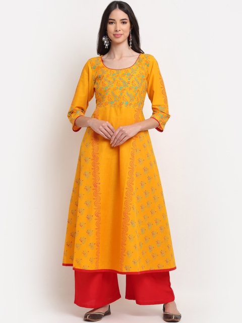 

ARITOS INDIA Women Yellow Ethnic Motifs Printed Block Print Handloom Cotton Anarkali Kurta