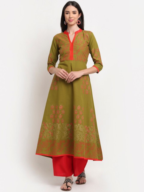 

ARITOS INDIA Women Green & Red Ethnic Motifs Printed Block Print Handloom Kurta