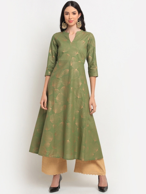 

ARITOS INDIA Women Green Block Print Handloom Anarkali Kurta