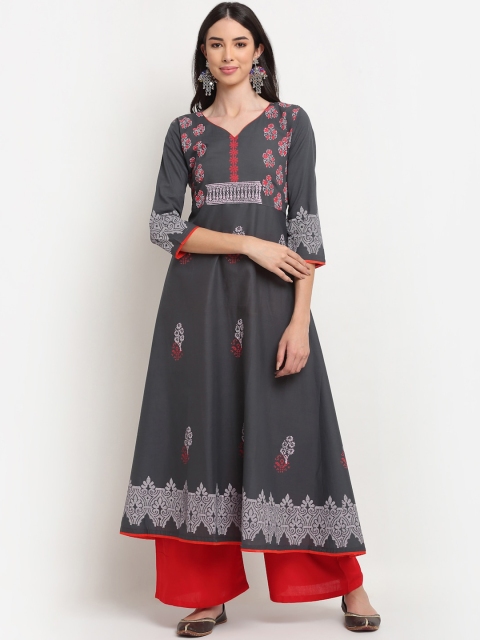 

ARITOS INDIA Women Grey & Red Floral Printed Block Print Handloom Anarkali Kurta