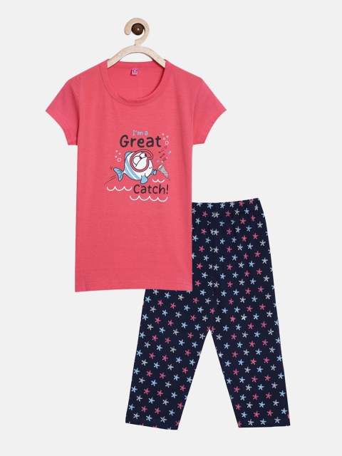 

A3A Girls Pink & Navy Blue Printed Pure Cotton Night suit
