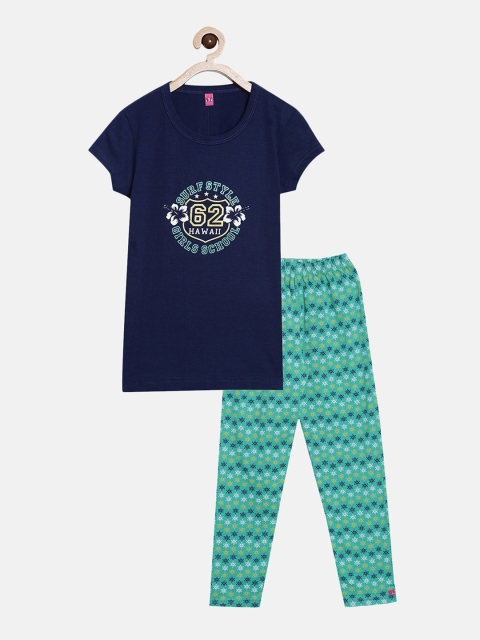 

A3A Girls Blue & Green Printed Pure Cotton Night suit