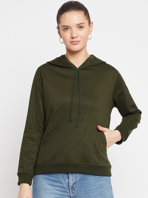 

FRENCH FLEXIOUS Women Olive Green Hooded Sweatshirt