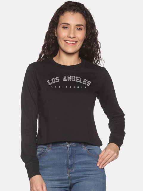 

BEVERLY BLUES Women Black Printed Cotton Crop Sweatshirt