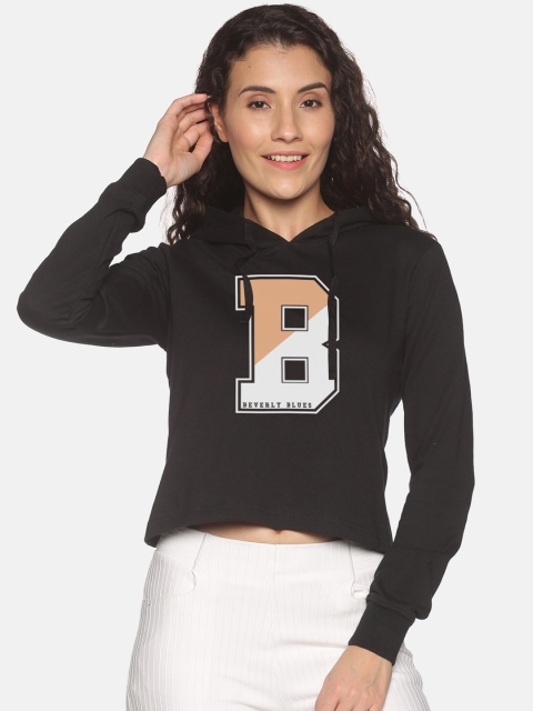 

BEVERLY BLUES Women Black Printed Hooded Sweatshirt