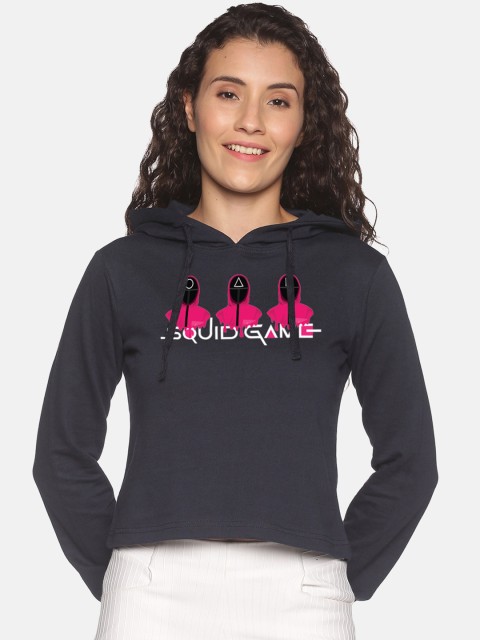 

BEVERLY BLUES Women Navy Blue Printed Hooded Cropped Sweatshirt