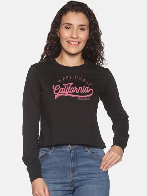

BEVERLY BLUES Women Black Typography Printed Cotton Crop Sweatshirt