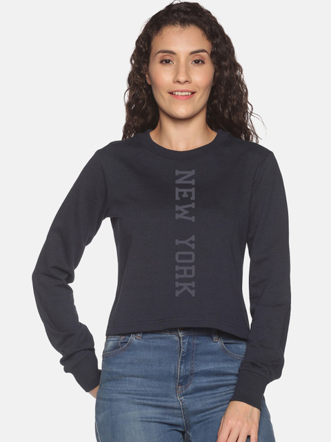

BEVERLY BLUES Women Navy Blue Printed Cropped Sweatshirt