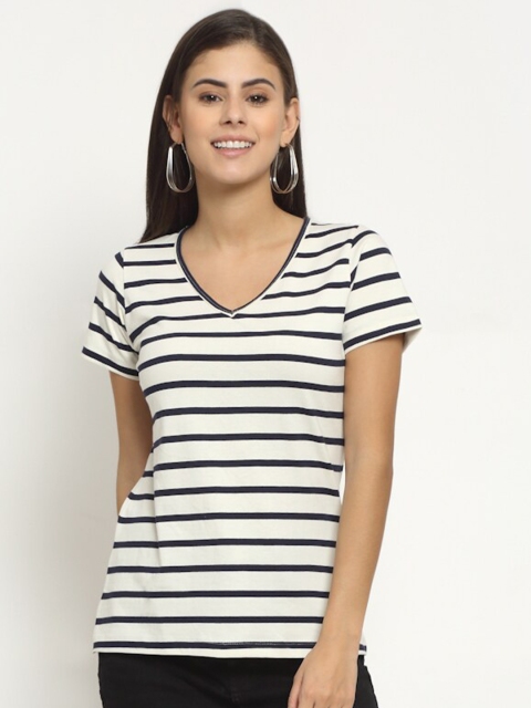 

Rute Women White & Black Striped V-Neck T-shirt