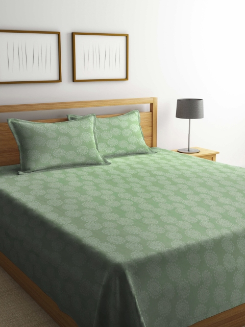 

KLOTTHE Green & White Printed Pure Cotton Double King Bedcover With 2 Pillow Covers