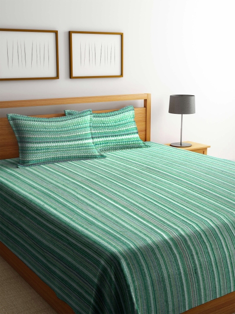 

KLOTTHE Green & White Striped Pure Cotton 1 Double King Bedcover With 2 Pillow Covers