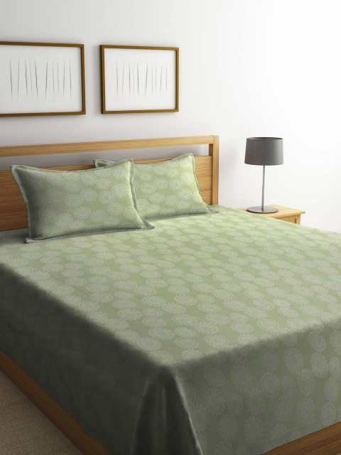 

KLOTTHE Green & White Printed Pure Cotton Double King Bedcover With 2 Pillow Covers