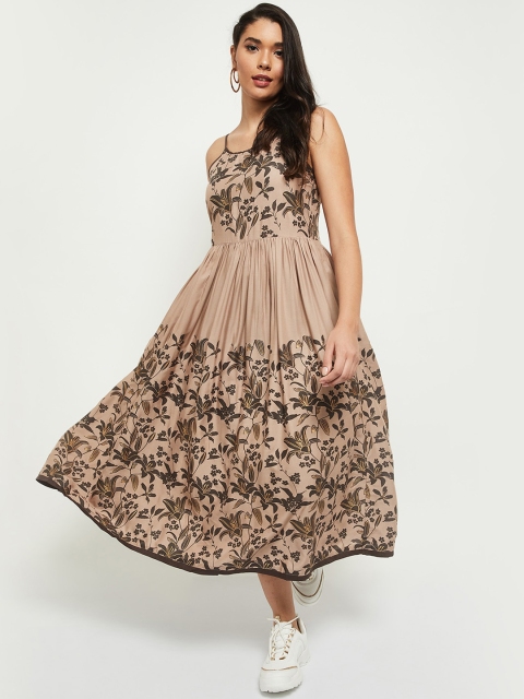 

max Beige & Brown Ethnic Motifs Maxi Fit & Flare Dress