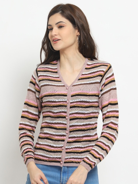 

HALTON HILLS Women White & Brown Acrylic Striped Cardigan