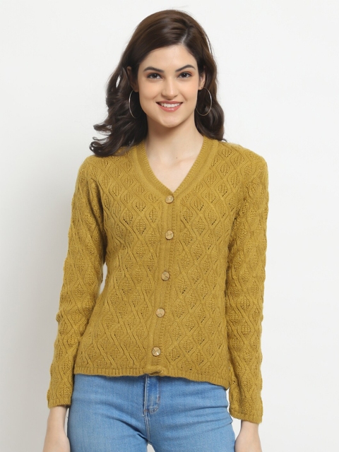 

HALTON HILLS Women Mustard Self Design V-Neck Acrylic Cardigan