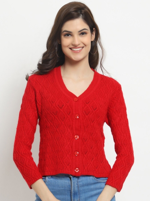 

HALTON HILLS Women Red Self Design Pure Acrylic Cardigan