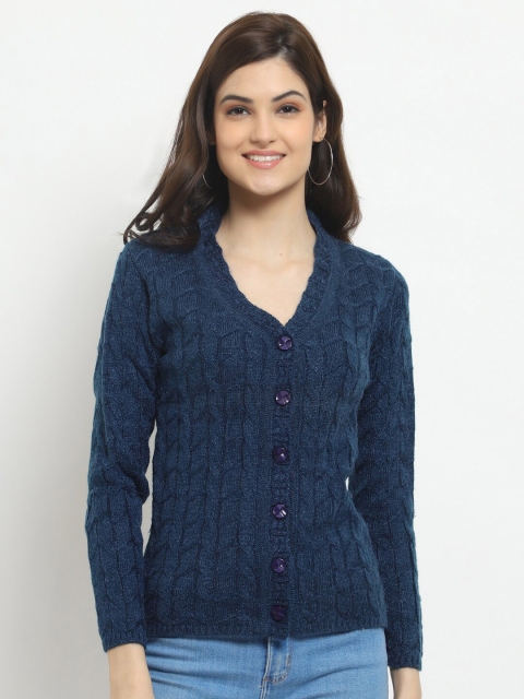 

HALTON HILLS Women Navy Blue Cable Knit Pure Acrylic Cardigan