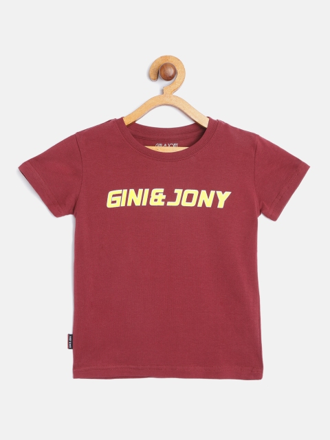 

Gini and Jony Boys Maroon & Yellow Cotton Brand Logo Print T-shirt
