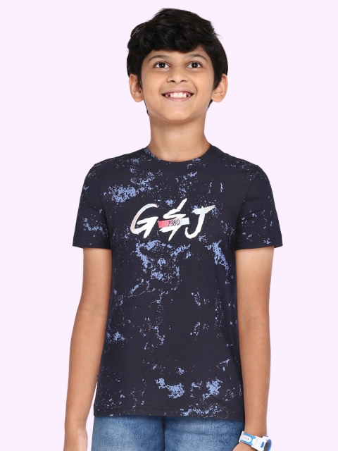 

Gini and Jony Boys Navy Blue Cotton Brand Logo Printed T-shirt