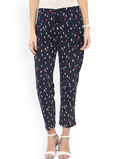 

Pannkh Women Navy Printed Tapered Fit Flat-Front Trousers, Navy blue