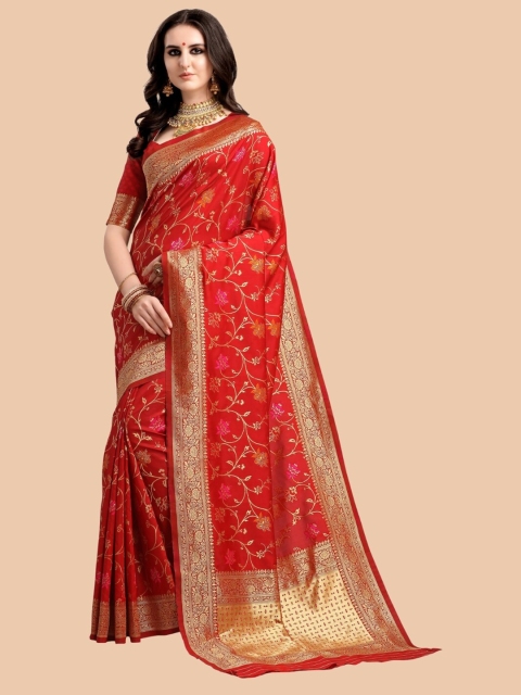 

Mitera Red & Gold-Toned Woven Design Zari Silk Blend Banarasi Saree