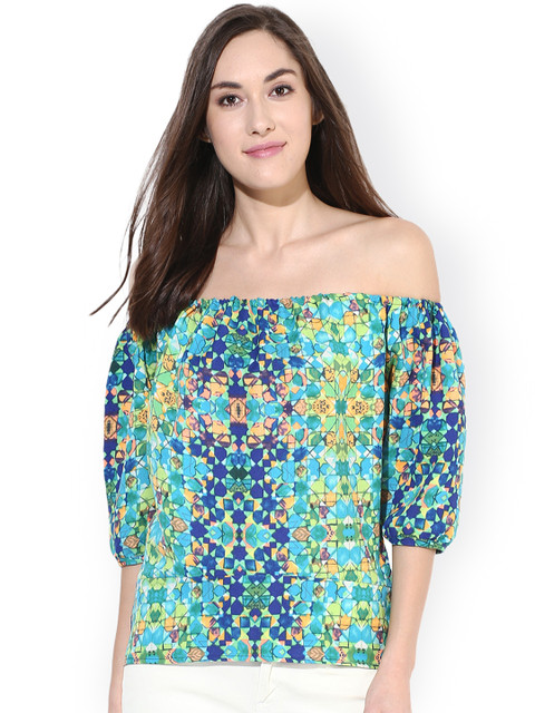 

Pannkh Women Green & Blue Printed Off-Shoulder Top