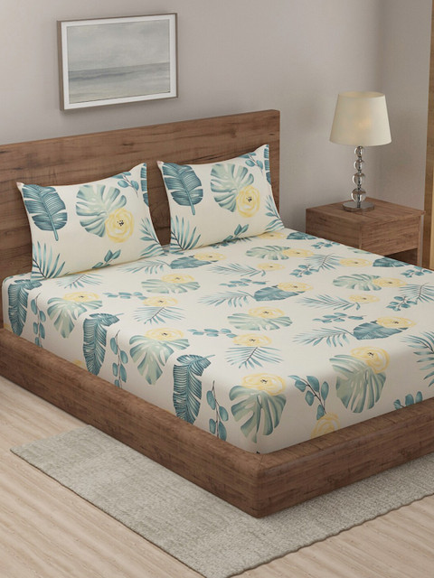 

Niamh by Tag 7 Cream-Coloured & Teal Floral 144 TC King Bedsheet with 2 Pillow Covers
