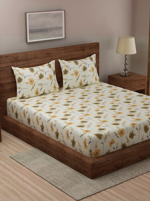 

Niamh by Tag 7 Yellow & White Floral 144 TC King Bedsheet with 2 Pillow Covers