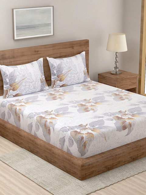 

Niamh by Tag 7 White & Grey Leaves Cotton 144 TC King Bedsheet with 2 Pillow Covers