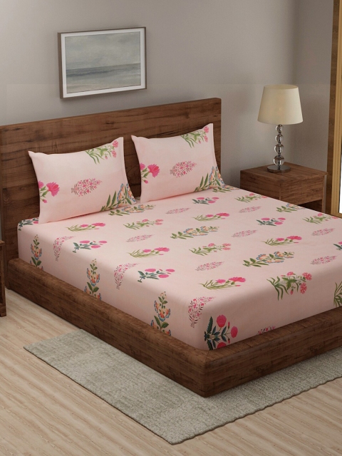 

Niamh by Tag 7 Pink & Green Ethnic Motifs 144 TC King Bedsheet with 2 Pillow Covers