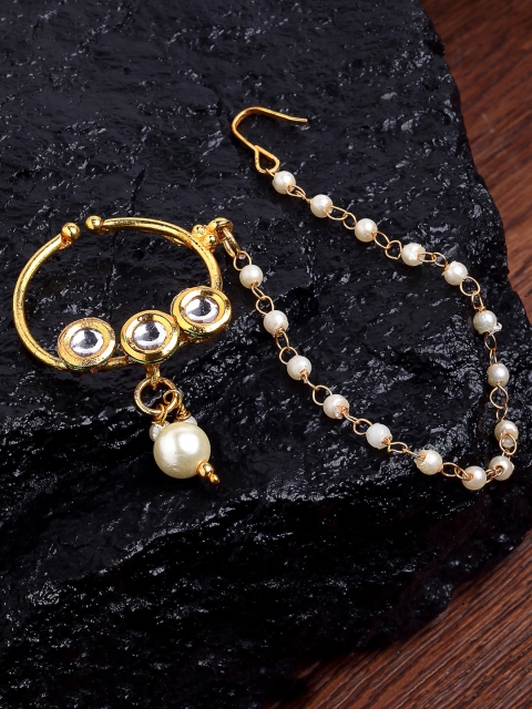 

KARATCART Gold-Plated White Kundan Studded & Pearls Beaded Enamelled Nose Pin With Chain